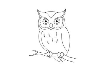 Line drawing a curious owl perched a branch bird animal