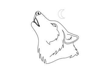 Line drawing a wolf howling at a crescent moon animal
