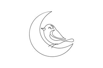 Single line drawing a happy bird resting a crescent moon vector