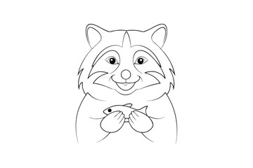 Smiling raccoon holding a small fish in a simple line drawing animal