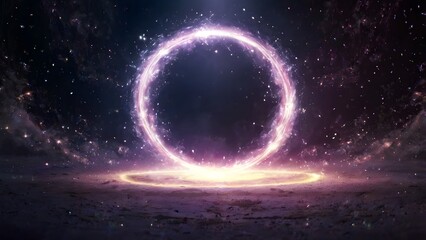 Fototapeta premium An abstract circle of glowing energy opening like a portal, surrounded by fantasy sparkles and light dust