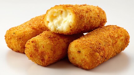 Golden Crispy Croquettes: A close-up shot of freshly fried croquettes, golden and crispy on the outside, with a soft, creamy interior spilling out, offering a textural and visual delight
