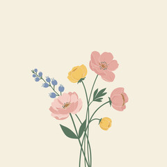 A minimalist illustration showcases a delicate bouquet of pink, yellow, and blue flowers, elegantly arranged on a serene cream background, perfect for gentle projects.
