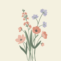 A beautifully arranged pastel floral bouquet illustration, featuring gentle blossoms and verdant foliage, perfect for elegant spring and summer designs.