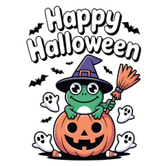 A cartoon frog wearing a witch hat sitting on a pumpkin with ghosts and bats for halloween art