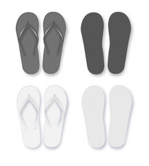 Realistic 3d White and Black Blank Empty Flip Flop Closeup Isolated on White Background. Design Template of Summer Beach Flip Flops Pair Mockup. Vector