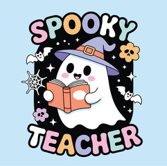 Cartoon illustration of a ghost wearing a hat reading a book with spooky teacher text above it