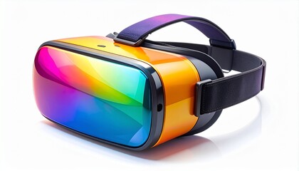 Black VR headset with multicolored reflective visor on white background