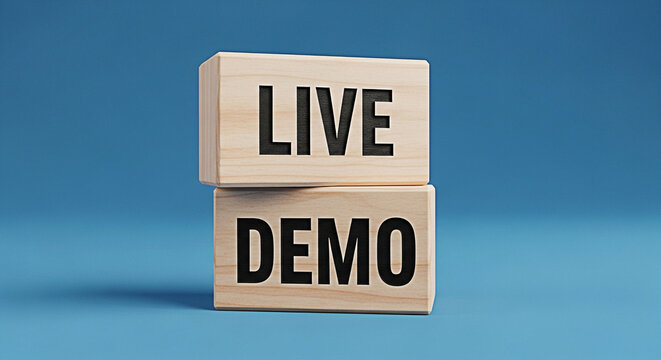 Wooden blocks stacked to display live demo on a blue background for product presentation marketing use - Powered by Adobe