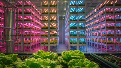 A vibrant, wide-angle interior view of a modern vertical farm or controlled-environment agriculture (CEA) facility. Rows of tall, stacked shelving units hold various crops, primarily leafy greens.