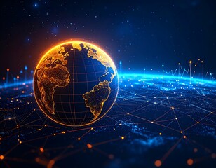 A vibrant digital representation of Earth, connected by a network of glowing lines