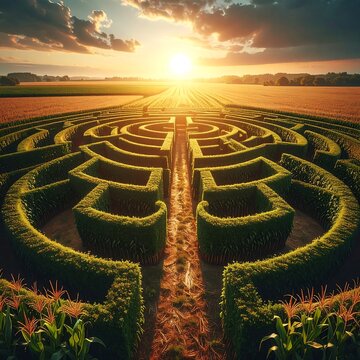 Lush green maze at sunset