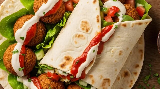 Delicious falafel wraps with tahini sauce and fresh vegetables