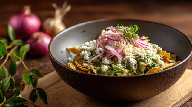 Chilaquiles Delights: A close-up showcases a flavorful chilaquiles dish, complete with vibrant garnishes and textures. Inviting the viewer to savor the dish, highlighting fresh ingredients.