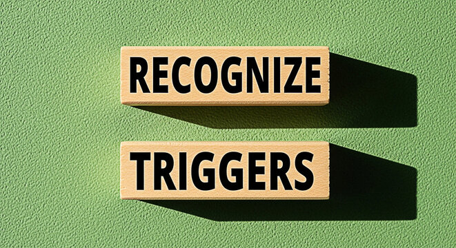 Wooden blocks displaying recognize triggers on a green background for mental health awareness
