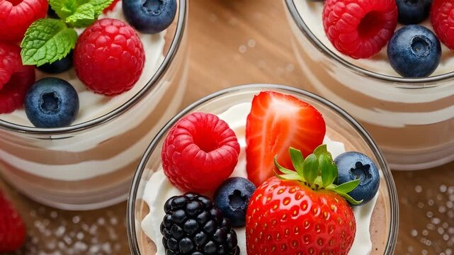 Delicious layered dessert with fresh berries and cream in glass cups