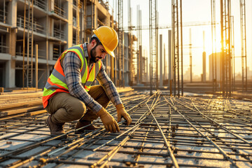 Man in safety gear working on steel framework at construction site, photo style, sunrise background, concept of structure design, Ai generative