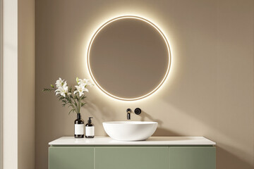 Elegant bathroom scene with glowing round mirror, white vessel sink, green vanity, and lily flowers on beige background. Minimalist design concept. Ai generative