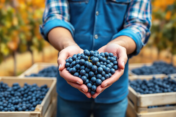 Person holding a bunch of ripe grapes in their hands, realistic style, with vineyard crates in background, concept of harvest and organic farming. Ai generative
