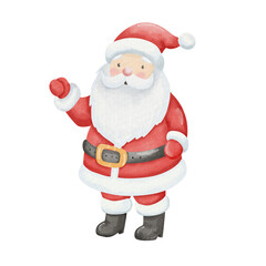 Cute watercolor illustration of Santa Claus waving his hand in greeting. Traditional costume and Christmas character in red hat, children illustration. Symbol of the New Year
