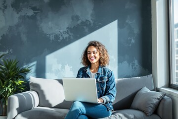Young woman smiling while working on laptop, casual denim outfit, sitting on sofa in cozy modern interior, sunlight casts shadows, concept of work. Ai generative