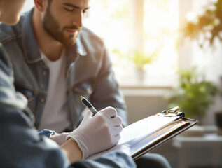 Therapist holding clipboard taking notes while listening to patient, soft focus photo style, indoor daylight background, concept of mental health care. Ai generative