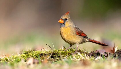 Fototapeta premium Close-up of a female cardinal perched on the ground