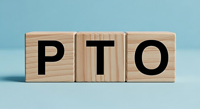 Wooden blocks spelling pto on a blue background representing paid time off and employee benefits