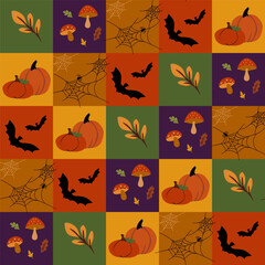 Halloween vector seamless checkered pattern with pumpkins, bats, spider webs, mushrooms and autumn leaves in orange, green and purple colors.