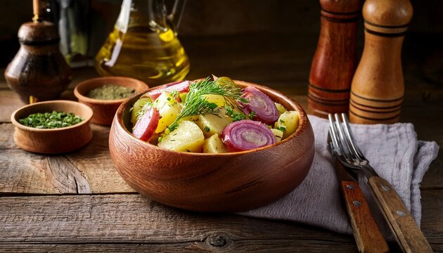 Traditional German Potato Salad In A Wooden Bowl With Sausage Pickles Red Onions And Fresh Dill On A Wooden Table Pepper Grinder Oil Utensils Linen Napkin On Rustic Table Selective Focus