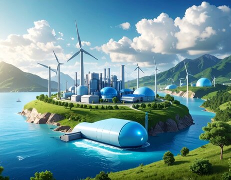 Temiz hidrojen enerjisi konsepti. &Ccedil;evre, &ccedil;evre dostu sanayi ve alternatif enerji. Net sıfır hedefi i&ccedil;in gelecekte iklim dostu enerji &ccedil;&ouml;z&uuml;m&uuml;. Sera gazı emisyonlarının azaltılması.

