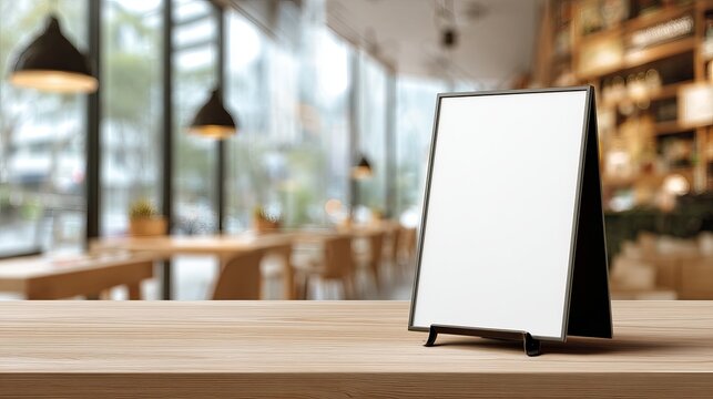 Blank menu frame mockup on wood restaurant table space for text - Powered by Adobe