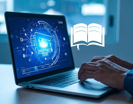 E-öğrenme teknolojisi konsepti. Çevrimiçi eğitim, web seminerleri, çevrimiçi kurslar... Yapay zeka ve makine öğrenimi kişiselleştirilmiş öğrenmeyi geliştirir. Çalışan, uyumluluk, müşteri ve iş ortakla