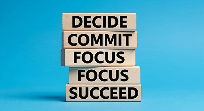 Wooden blocks stacked high showing words decide commit focus focus and succeed