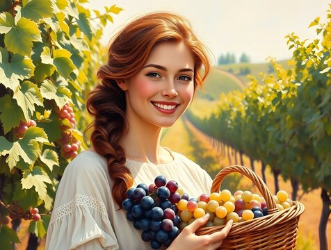 Young smiling woman holding a basket of grapes in a vineyard - Powered by Adobe