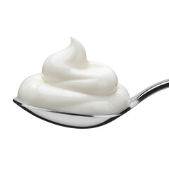 Extreme close-up, photorealistic, elegant highly polished silver spoon holding a luxurious dollop of thick, smooth white cream, soft peak, on pristine transparent studio background with copy space,