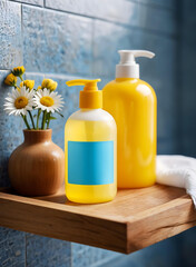 A bathroom shelf made of light brown wood, holding various items against a background of blue tileA bathroom shelf made of light brown wood, holding various items against a background of blue tile