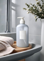 A bathroom shelf made of light brown wood, holding various items against a background of blue tileA bathroom shelf made of light brown wood, holding various items against a background of blue tile