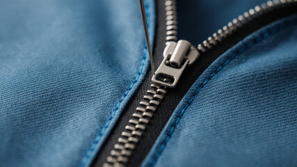 Heavy duty zipper partially open on durable blue fabric garment