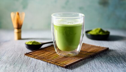 Prepared Matcha Tea In A Clear Glass A Delicious Drink Made From Japanese Green Tea Powder Vertical Position