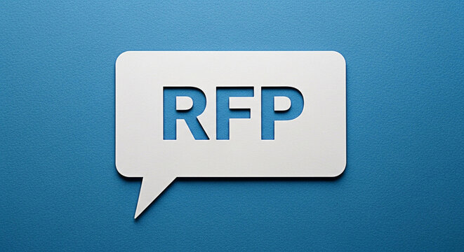 Request for proposal concept with rfp letters in a speech bubble on a blue textured background design