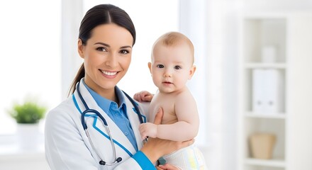 A smiling female doctor in a white coat and stethoscope holds a baby in her arms in a bright, clean medical office.