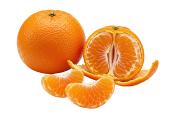 Ripe vibrant mandarin, half-peeled tangerine with glistening segments, isolated segment on a transparent background, high-key concept of invigorating freshness