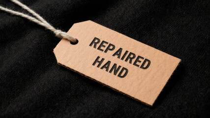 Repaired by hand label tag with string on black garment fabric close up