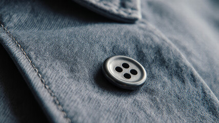 Dark button on thick denim jacket with textured seam line close up