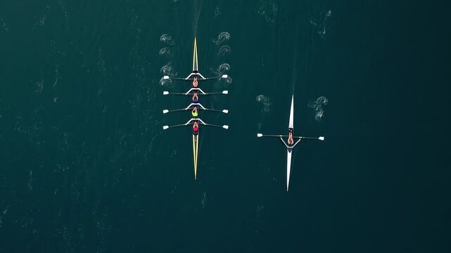 Top View From The Sky, A Rowing Boat Cuts Through Calm Waters While Four Women Train In Sync. This Inspiring Image Embodies Strength, Balance, And The Power Of Team Spirit.