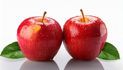 Two Ripe Red Apples With Water Droplets And Green Leaves Isolated On Transparent Background