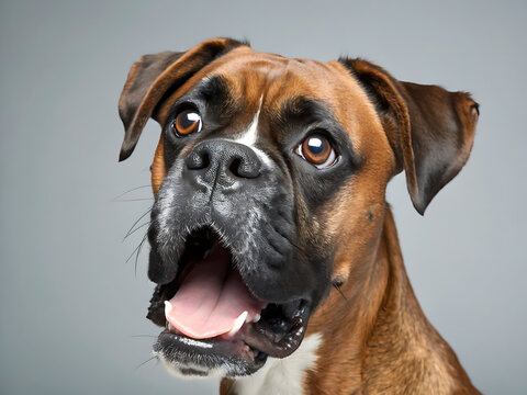 A close up of a boxer dog with its mouth open and tongue sticking out on a gray background studio shot