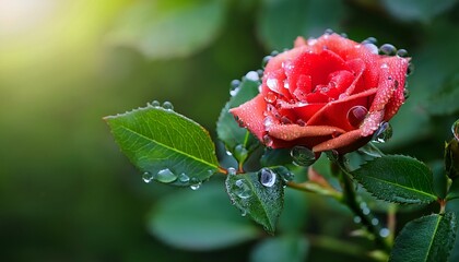 Drops Of Water On A Leaves And Rose Flower On A Natural Background Selective Focus