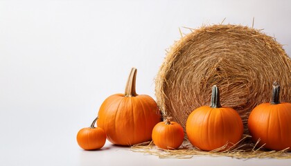 Orange Pumpkins And Rustic Hay Bale On White Background Autumn Harvest Season Thanksgiving Banner